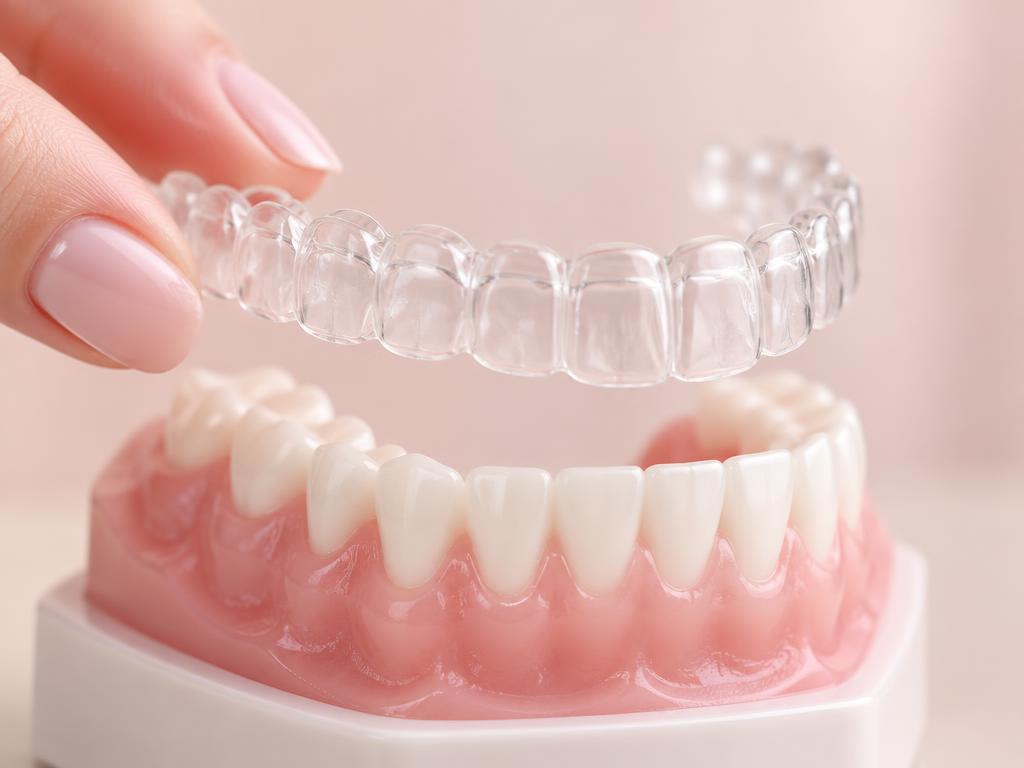 Alinhador ortodôntico transparente removível sobre um modelo de arcada dentária