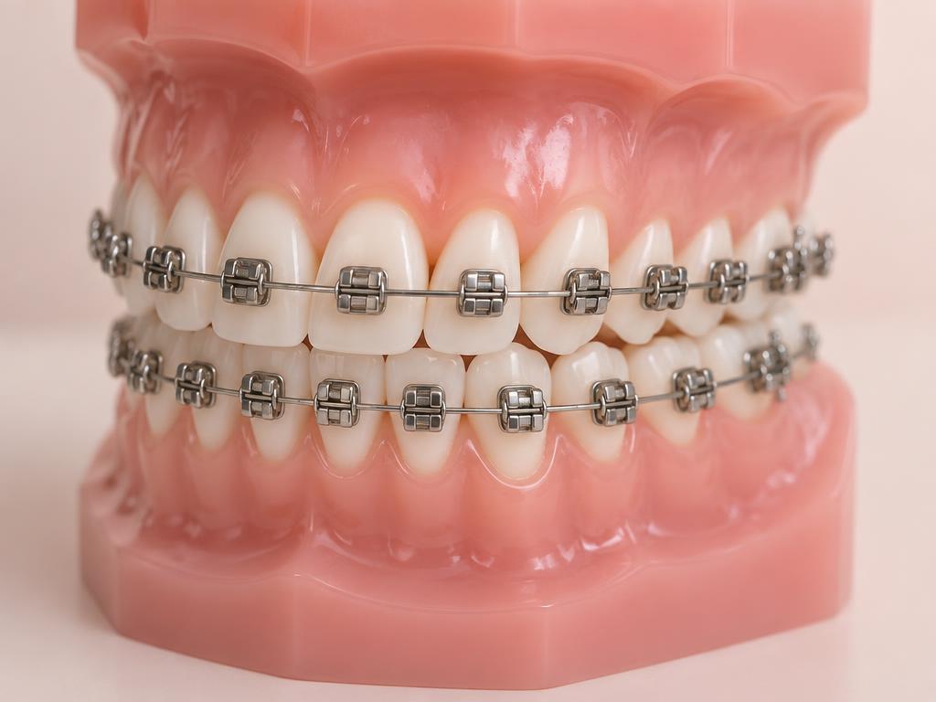 Modelo de arcada dentária com aparelho autoligado, braquetes com sistema de encaixe sem borrachinha