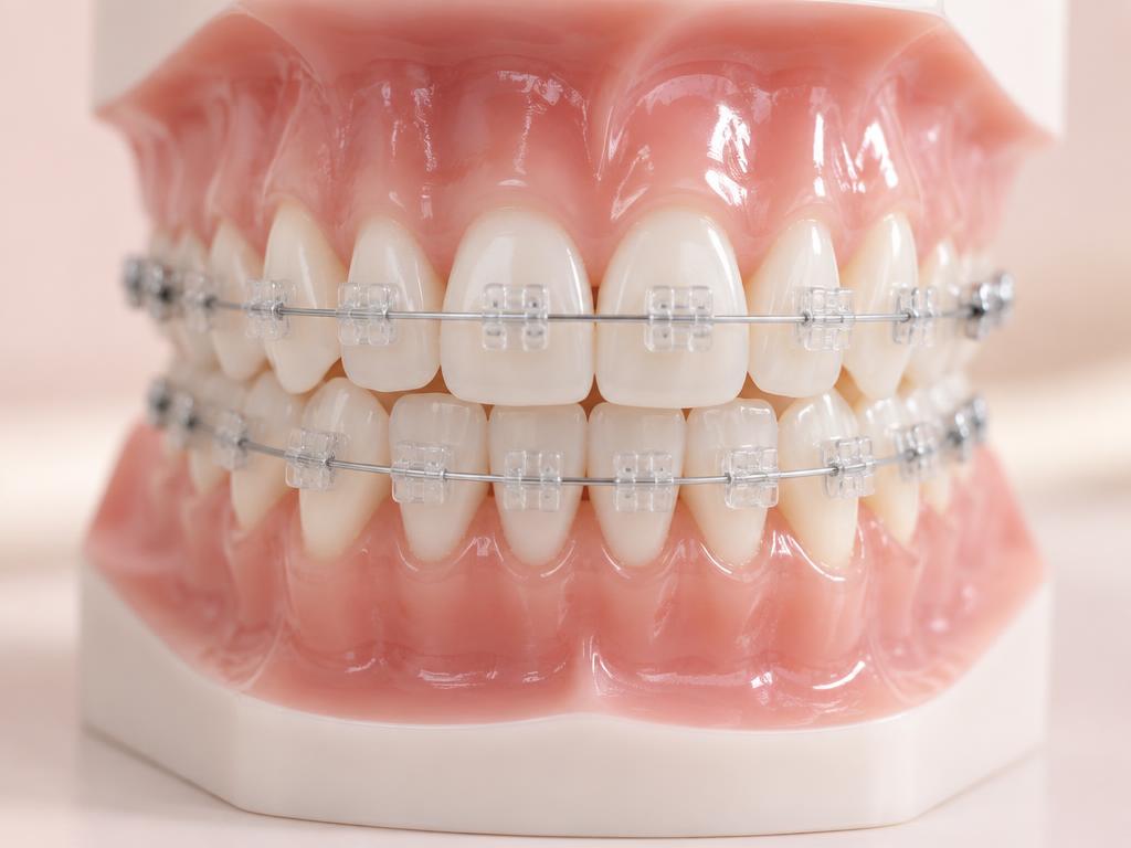 Modelo de arcada dentária com aparelho estético de braquetes translúcidos na cor do dente