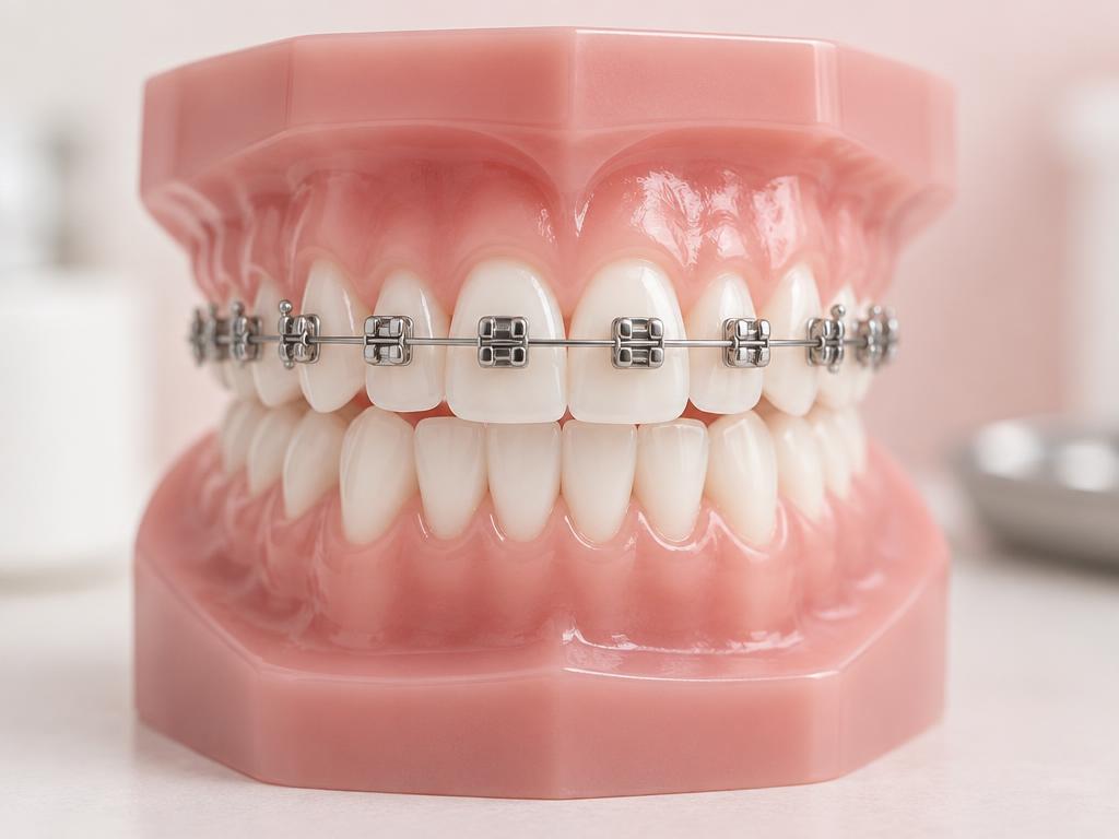 Modelo de arcada dentária com aparelho fixo metálico, braquetes de aço e fio ortodôntico