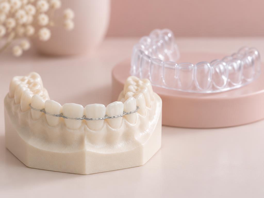 Contenção ortodôntica fixa em modelo dentário ao lado de uma placa transparente removível